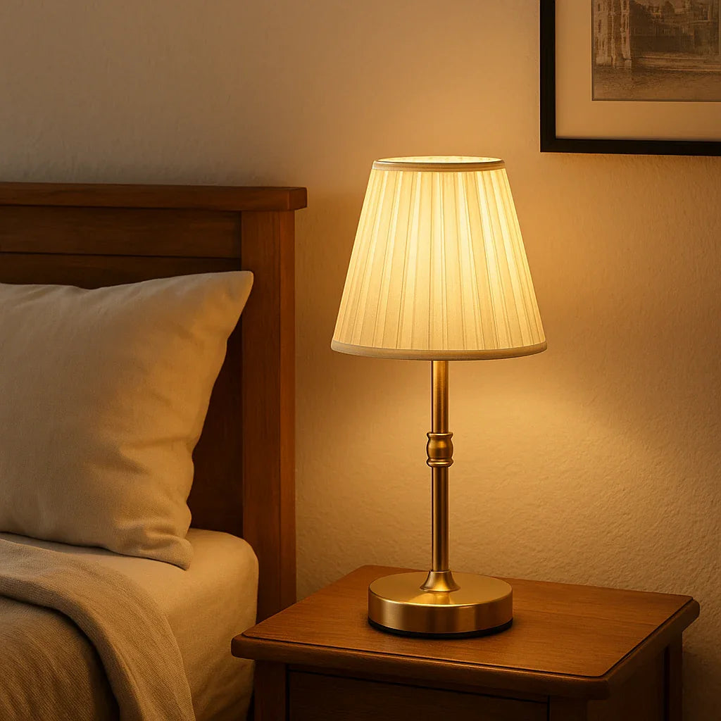 Emilia Gold Lampe - Plisseret Skærm - Metalbase