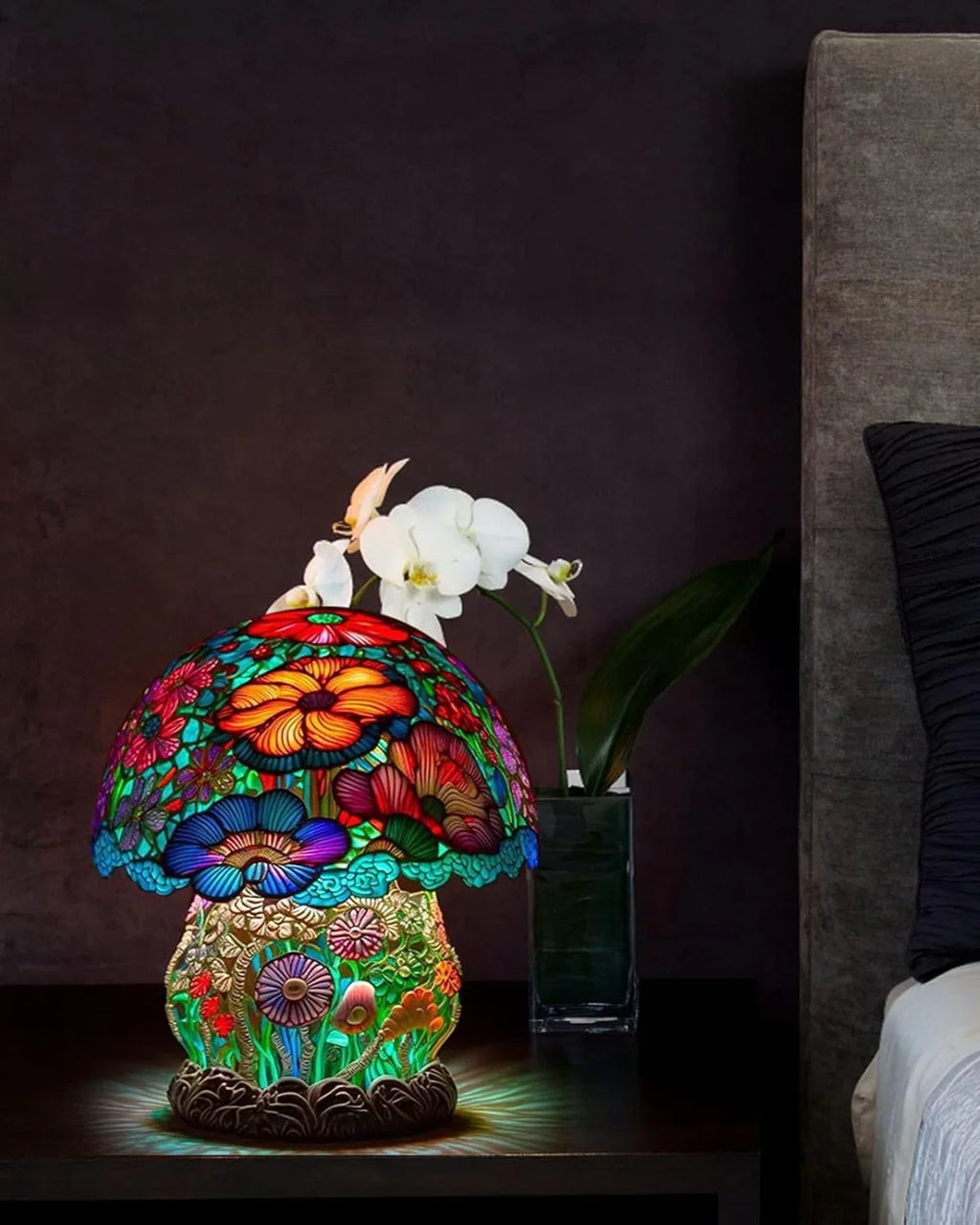 Farvet Glas Lampe - Floral Design - Svampebase