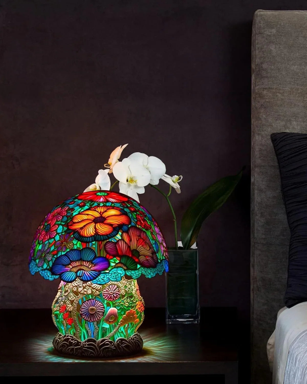 Farvet Glas Lampe - Floral Design - Svampebase