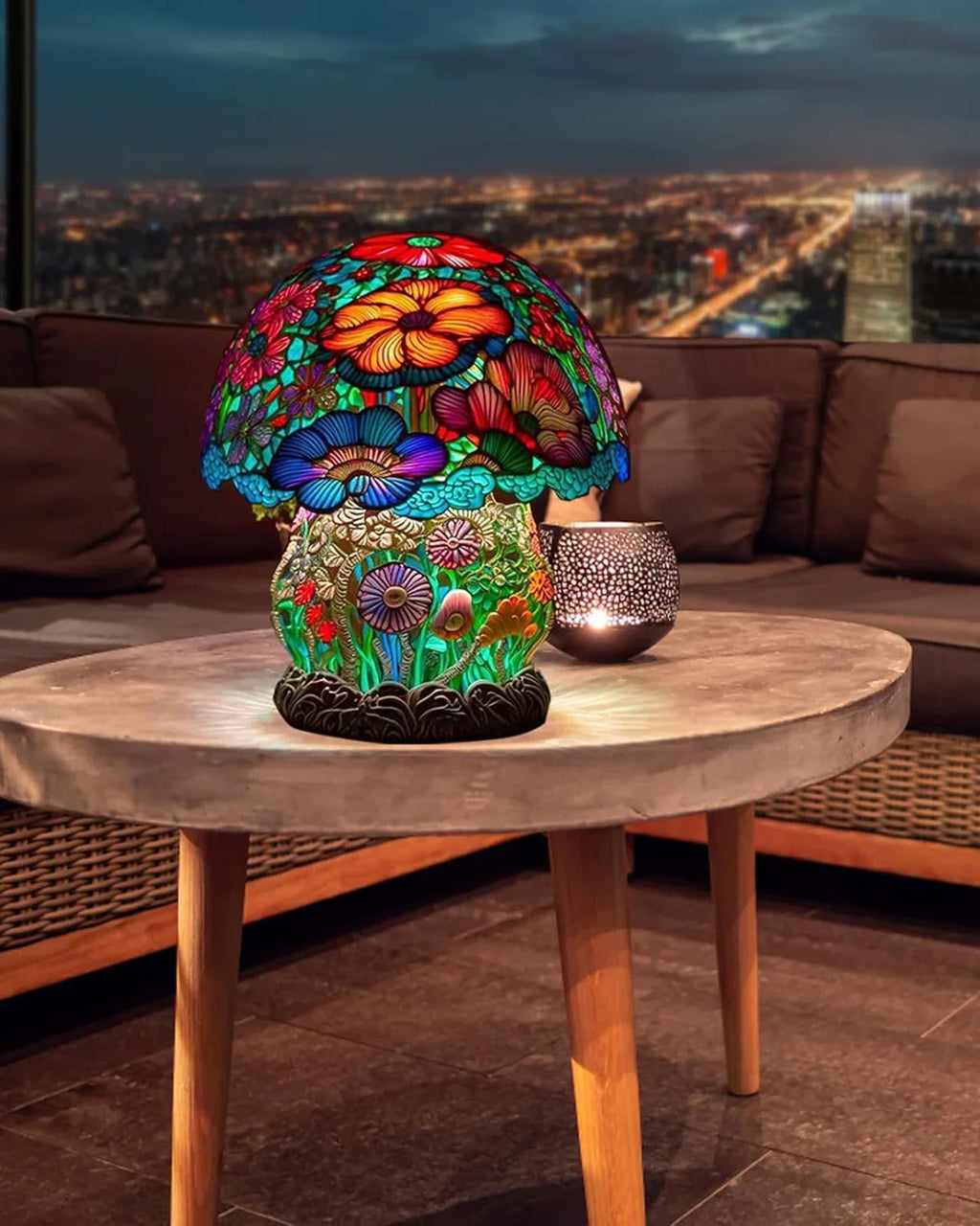 Farvet Glas Lampe - Floral Design - Svampebase