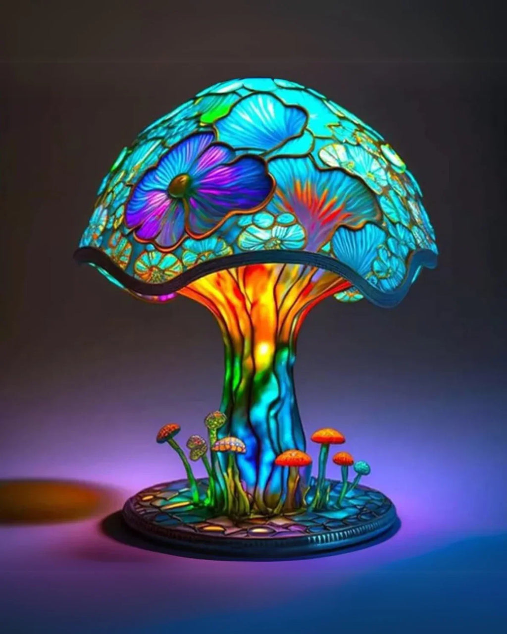 Farvet Glas Lampe - Floral Design - Svampebase