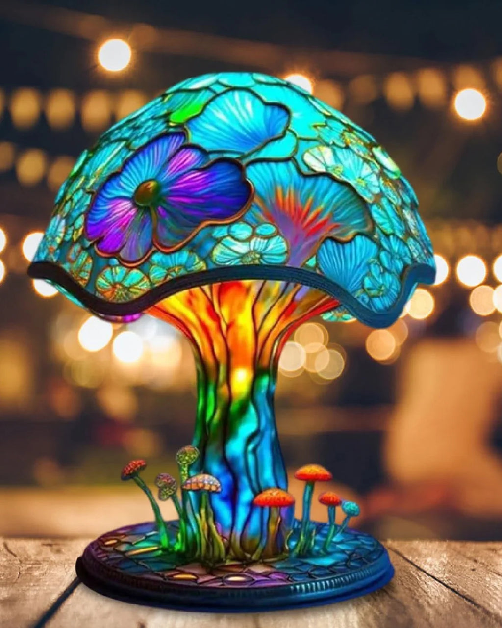 Farvet Glas Lampe - Floral Design - Svampebase