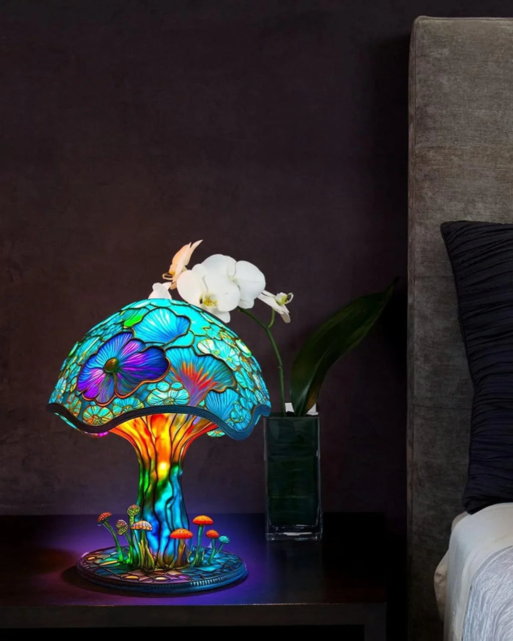 Farvet Glas Lampe - Floral Design - Svampebase