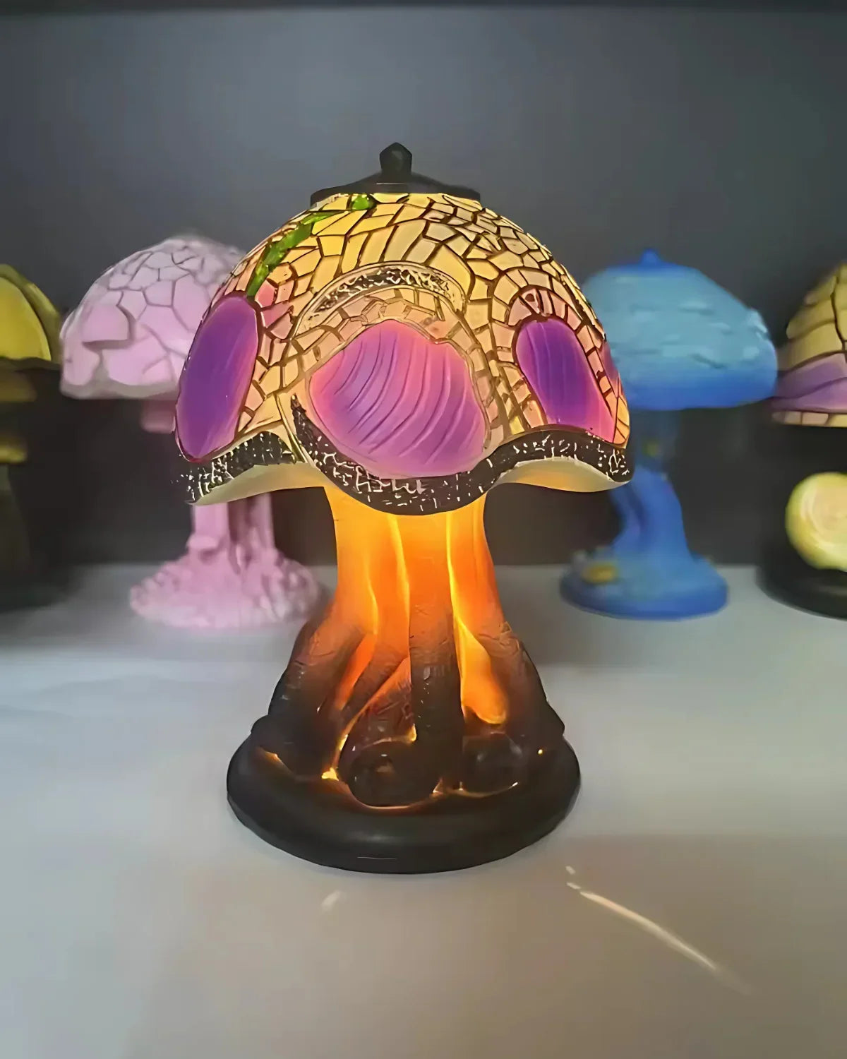 Farvet Glas Lampe - Floral Design - Svampebase