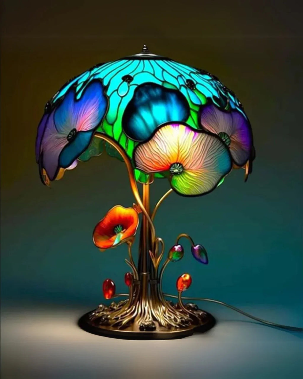 Farvet Glas Lampe - Floral Design - Svampebase