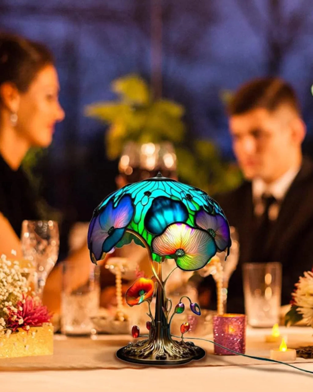 Farvet Glas Lampe - Floral Design - Svampebase