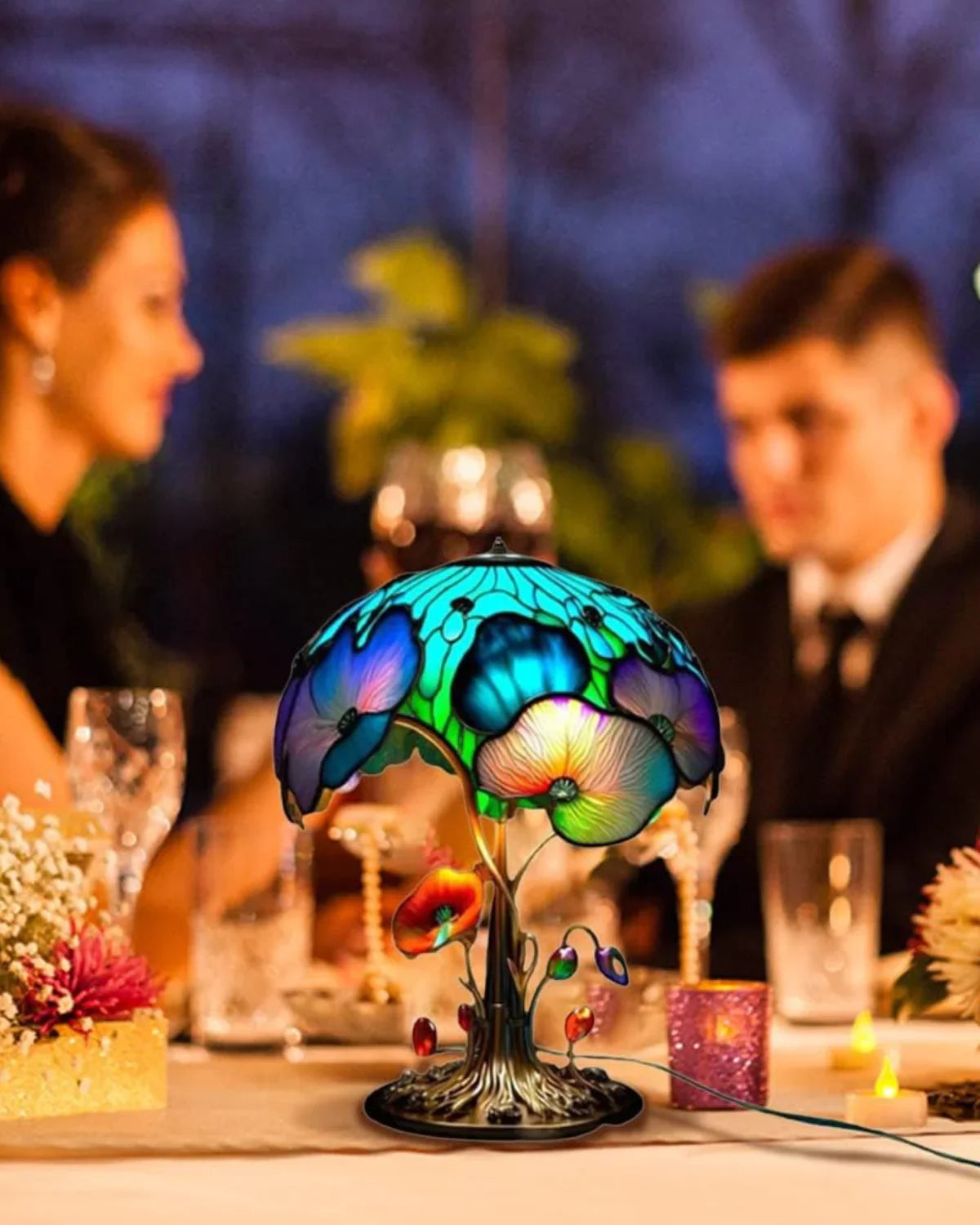 Farvet Glas Lampe - Floral Design - Svampebase