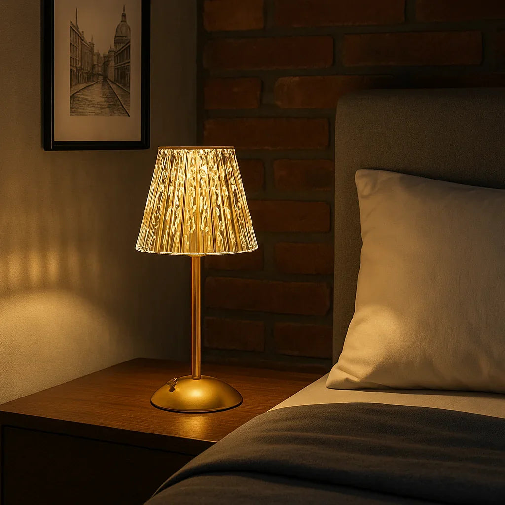 Krystal Lampe - Facetteret Skærm - Gylden Stand