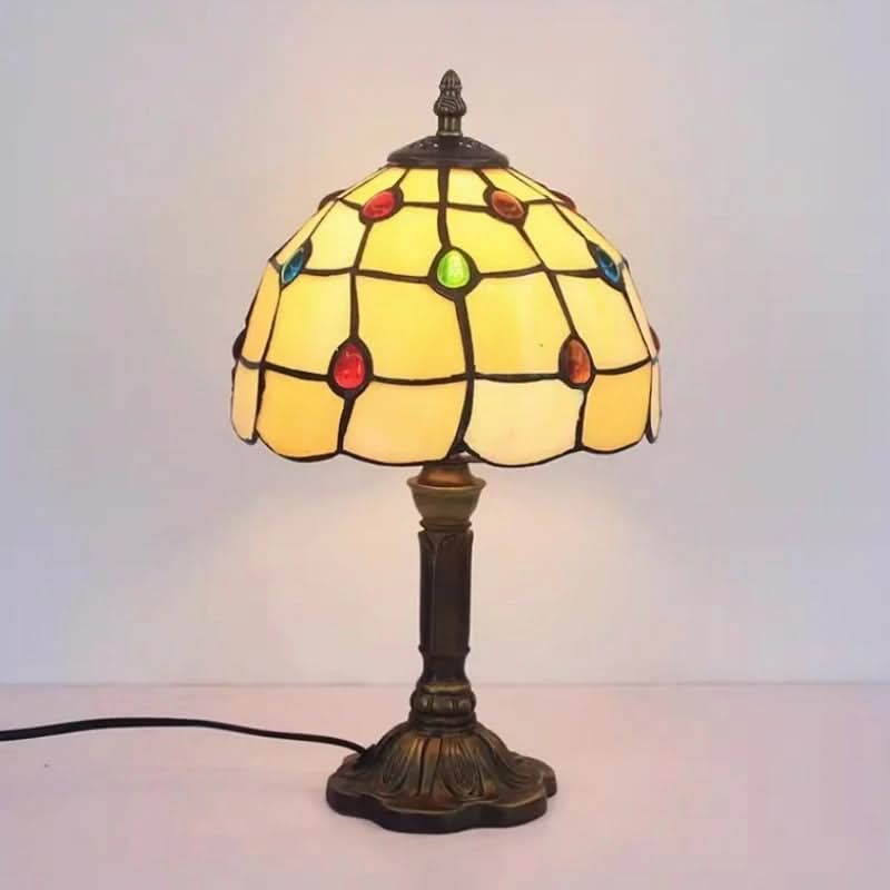 Tiffany bordlampe - Skærm i farvet glas - Vintage metalfod
